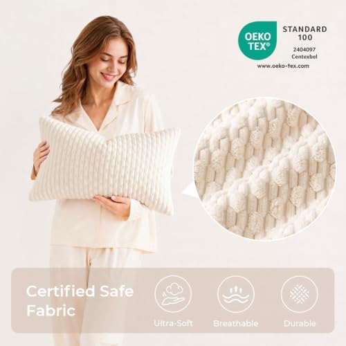 Kevin Textile Soft Corduroy 12"x20" Lumbar Pillow Covers 2 Pack, Cream