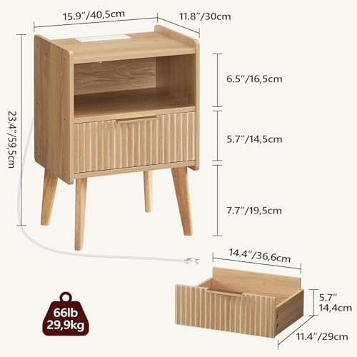 MAHANCRIS Natural Nightstand with Charging Station, Modern Fluted End Table