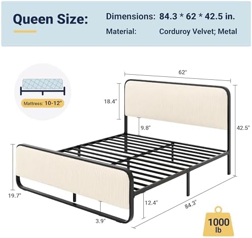 Allewie Queen Metal Bed Frame with Upholstered, Cream