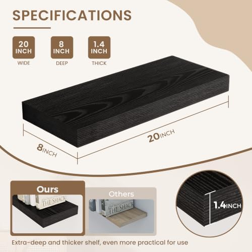 Dreamland 20 Inches Wall Mounted Wood Floating Shelves, Black, 2 Pack