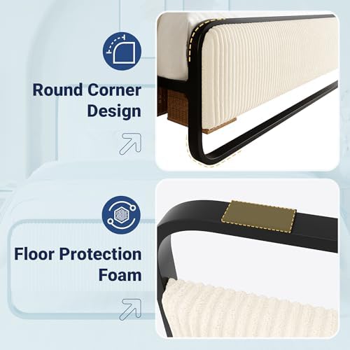 Allewie Full Metal Bed Frame with Upholstered, Cream