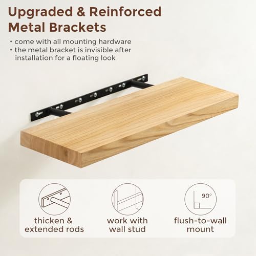 fuqing Natural Wood Floating Shelves, 24'' Wood Shelves for Wall Set of 2