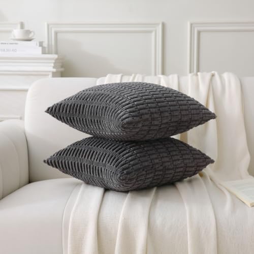 2 Pack Corduroy Decorative Throw Pillow with Inserts, 18x18 Inch Soft Boho Throw Pillow, Square Striped Throw Pillows for Couch, Bed, Sofa Decor (Dark Gray, 18" x 18" (with Inserts))