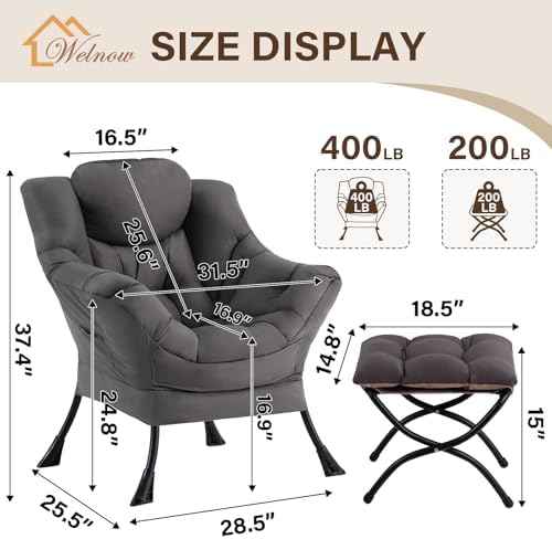 Welnow Lazy Chair with Ottoman, Reading Chair with Footrest,Dark Grey