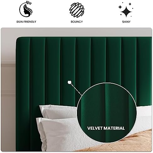 SHA CERLIN Full Upholstered Platform Bed Frame with Vertical Channel Tufted Velvet Fabric Adjustable Headboard, Wooden Slats Support, Mattress Foundation, Box Spring Optional, Green