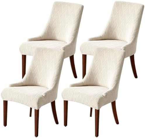 MIFXIN Wingback Side Chair Covers Dining Chair Slipcover Jacquard Stretch Sloping Armchair Protector Arm Chair Seat Cover for Dining Room Living Room Banquet Home Decor (Beige, 4 Pcs)
