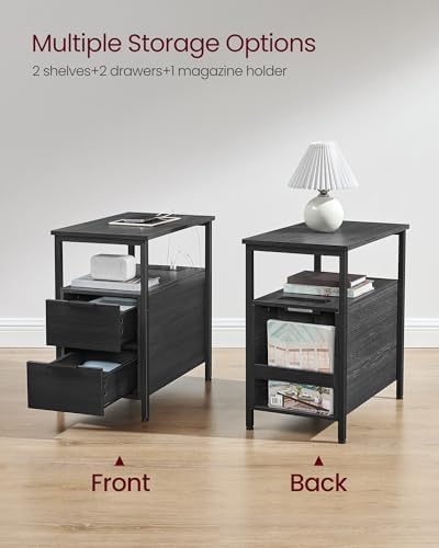 VASAGLE Side End Table with Charging Station, Slim Nightstand with Storage