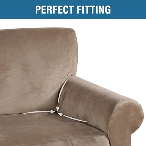 H.VERSAILTEX Stretch Velvet Sofa Covers for 3 Cushion Couch Covers Furniture Protector Soft with Non Slip Elastic Bottom, Crafted from Thick Comfy Rich Velour (Large Sofa 90"-97", Camel)