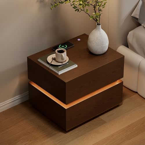 homary Smart Nightstand with Wireless Charging Station, USB & Type-C Ports, LED Light, 2 Drawers – Modern Walnut Bedside Table for Bedroom Storage