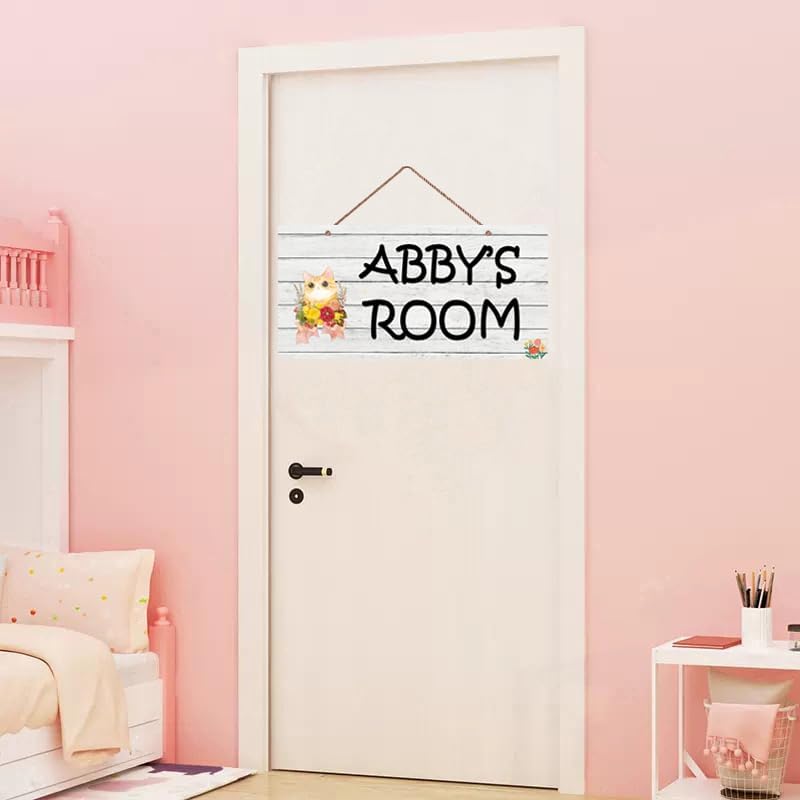 Personalized Signs Cartoon Sign Cute Cat and Flowers Sign For Pet House Kitty Litter Cat house Customized Sign Kids Room Nursery Wall Decor for Girls Boys Bedroom Little Man Cave