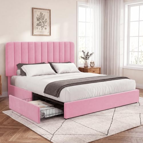 VECELO Full Size Upholstered Bed Frame with 4 Drawers and Headboard, Velvet Platform Storage Bedframe, Wooden Slats Support, No Box Spring Needed,Pink