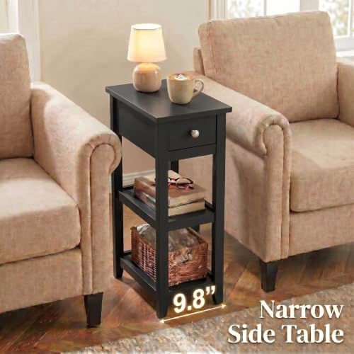 SEJOV Narrow Side Table, Small Black End Table with Drawer and 2 Shelves