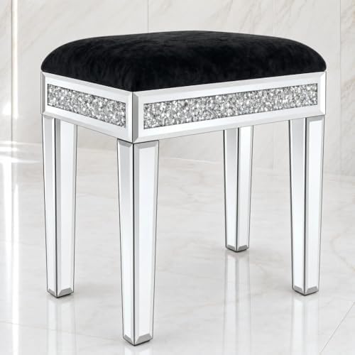 Vanity Stool with Storage Mirrored Legs, Velvet Cushioned Ottoman, Hidden Compartment, Sparkling Diamond Trim, Glam Makeup Chair & Piano Bench (Black)