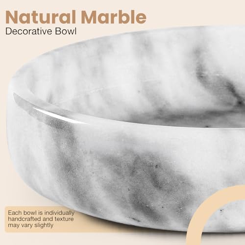 FNTSTICGOODS Marble Decorative Bowl - 7.5" White/Grey Solid Marble Centerpiece - Handmade Stone Fruit Bowl - Catch-All or Key Bowl for Kitchen - Modern Minimalist Decor