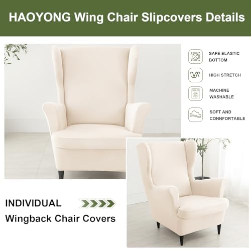HAOYONG Wing Chair Slipcovers Waterproof Spandex Wingback Chair Covers 2 Pieces Wingback Armchair Slipcover Stretch Chair Slip Covers Washable Armchair Protector Cover for Living Room Bedroom - Beige