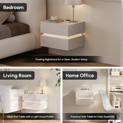 homary Set of 2 Floating Nightstands with LED Light, Wall Mounted Bedside Table with Wireless Charging Station, Smart Night Stand with 2 Drawers Storage, Modern Bedroom Furniture, White