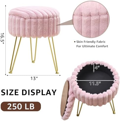 Wimarsbon Vanity Stool with Storage, Faux Fur Ottoman Chair with Metal Legs