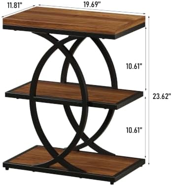 Vabches Narrow Side Table with Storage Shelf,3-Tier End Table with Artistic Curved Metal Frame,Industrial Bedside Tables for Small Space,Living Room,Bedroom,Home Decor,Walnut