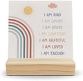 Inspirational Rainbow Desk Decor, Boho Wood Sign, Positive Affirmations Nursery Shelf, Motivational 'I Am Brave' Wooden Plaque With Stand for Kids Room