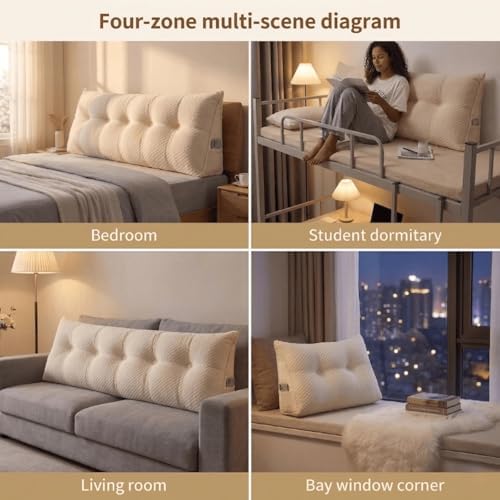 Headboard Pillow Queen Size, Reading Pillow for Bed, Leaf Pattern Wedge Pillow, Tufted Backrest Support, Headboard Substitute, Beige