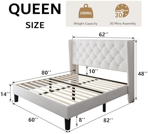 iPormis Queen Size Velvet Platform Bed Frame with Button Tufted Headboard, Upholstered Bed Frame with Solid Wooden Slats, 8" Underbed Space, No Box Spring Needed, Noise Free, Easy Assembly, White
