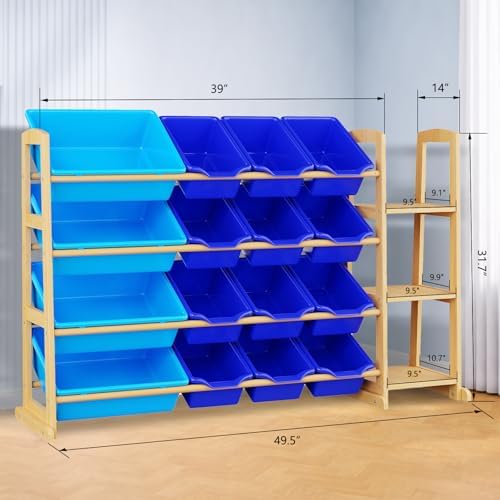 Kids Toy Storage Organizer with Bookshelf – Wooden Shelf with 16 Bins & 3 Shelves, Quick Assembly Storage Rack for Playroom, Bedroom, Nursery - Blue