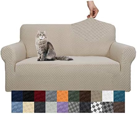 YEMYHOM Couch Cover Latest Jacquard Design High Stretch Sofa Covers for 2 Cushion Couch, Pet Dog Cat Proof Loveseat Slipcover Non Slip Magic Elastic Furniture Protector (Medium, Khaki)