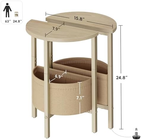 Vagusicc Small Round Side Table End Table, Tall Accent Table with Storage Basket, Set of 2 Half Round Tables Half Moon Tables, Coffee Bedside Tables, Modern Nightstand for Living Room Bedroom,Natural