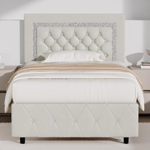 BarnFurin Twin Bed Frame with Diamond Tufted Headboard, Cream