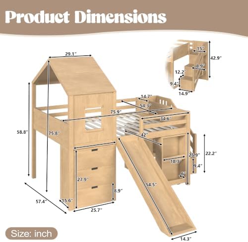 Full Size Playhouse Low Loft Bed with Slide Storage Drawers Stair Shelves Pull Out Desk (Natural, Full)