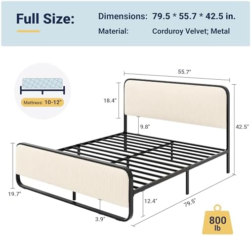 Allewie Full Metal Bed Frame with Upholstered, Cream
