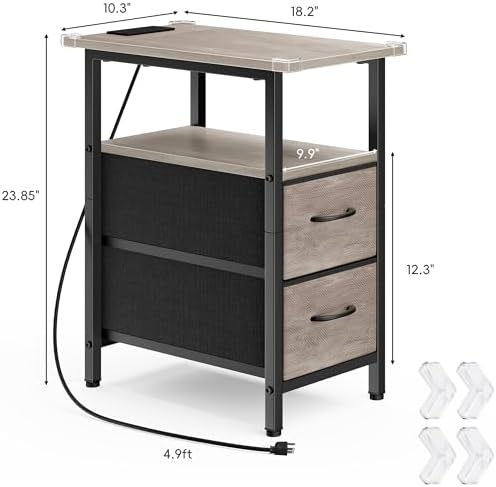 Vagusicc End Table with Charging Station Set of 2, Narrow Side Table, 23.8'' Tall Nightstand with 2 Drawers, Small Sofa Side Table Narrow Nightstand for Small Spaces, Living Room, Bedroom, Rustic Grey