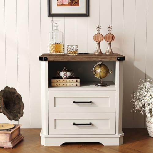 Yusong 23.62” Tall Farmhouse Nightstand, Rustic Wooden Night Stand with Charging Station, Beside Table with Drawers and Open Storage, End Tables for Bedroom, Cream White 003