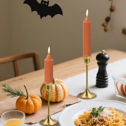 NJAO HOO Burnt Orange Candlesticks Pumpkin Short Taper Candle 7 Inch Unscented Dripless Fall Tapered Candle Set for Halloween Home Dinner Fall Decor Party, 4 Pack