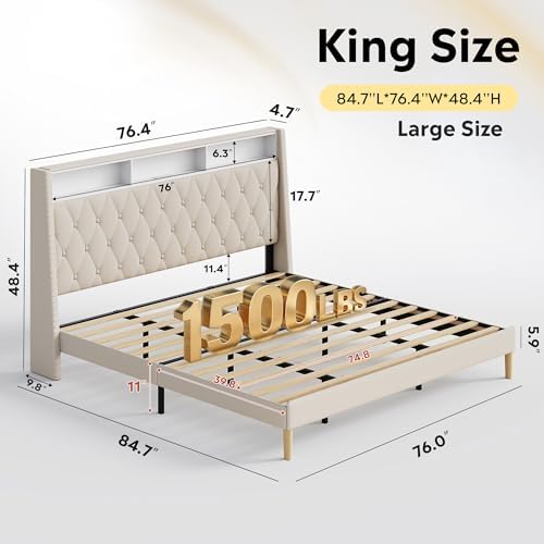 WLIVE King Size Upholstered Bed Frame with 48'' Tall Wingback Headboard, Velvet Square Tufted Platform Beds with Charging Station, Sturdy Metal & Wooden Slats Support, Beige