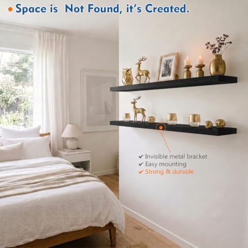 Long Black Floating Shelves for Wall, 48 inch Wall Shelf for Living Room