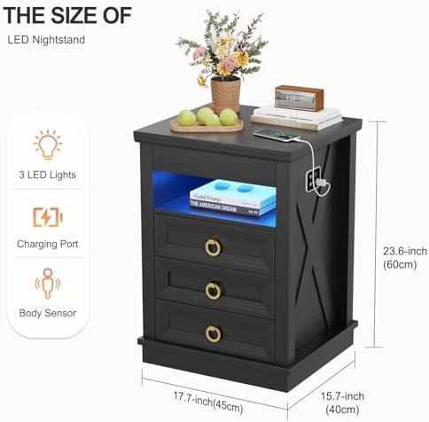 Farmhouse Nightstand with Gun Drawer,Bedside Table with Charging Station and Human Body Senor,3 LED Lights Night Stand with 3 Drawers and Open Shelf,End Side Table for Bedroom(Black)