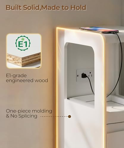 White Narrow Side Table, Slim End Table with Charging Station