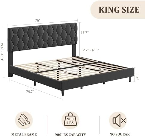 King Bed Frame with Adjustable Headboard, Upholstered Bed Frame, Grey