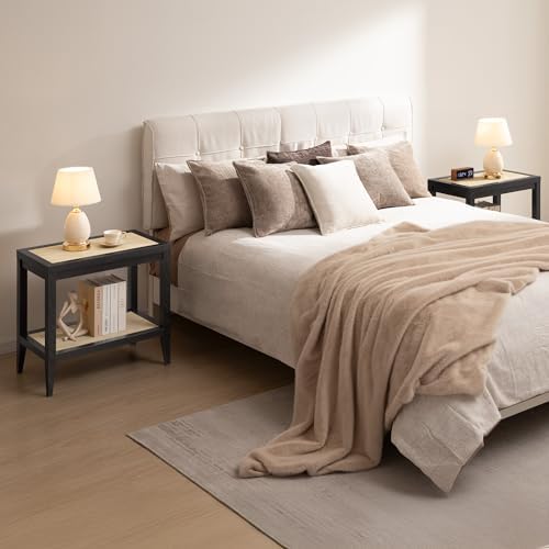SICOTAS Rattan Bedside Table Set of 2, End Table with Storage