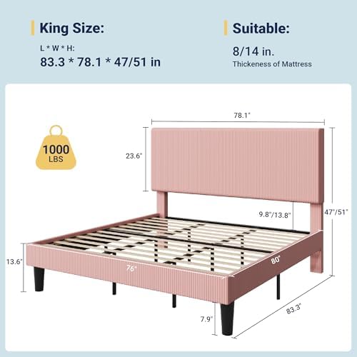 Allewie King Bed Frame, Corduroy Tufted Headboard, Light Pink