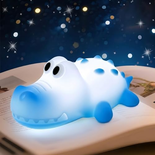AVEKI Crocodile Night Light for Kids, Silicone Touch Bedside Lamp (Blue)