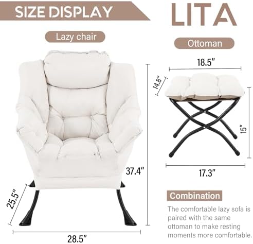 LITA Lazy Chair with Ottoman, Comfy Accent Reading Chair