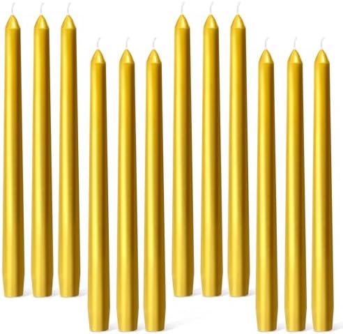 Everymoment Gold Taper Candles - 12 Pack 10 Inch Candlesticks - Dripless & Smokeless for 8 Hours - Unscented Paraffin Wax - Ideal for Wedding Christmas Anniversary New Year's Eve & Luxury Decor