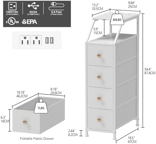 Tohomeor Narrow Dresser Tall Skinny Storage Tower Vertical Slim Chest of Drawers with Charging Station Small Nightstand Side Table for Bedroom, Bathroom, Small Spaces (White, 4 Drawers)