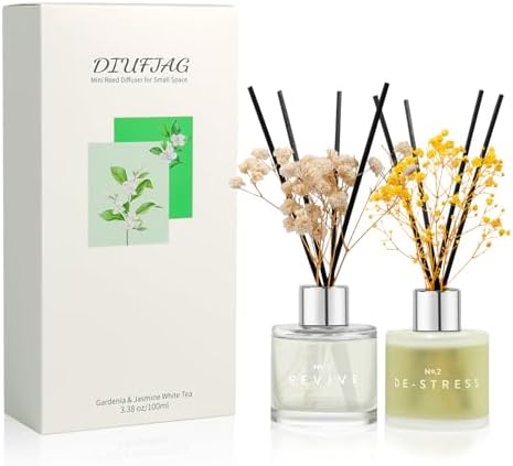 Jasmine White Tea Gardenia Bathroom Diffuser, 3.4 oz Reed Diffuser with Dried Flower for Small Place, Last up to 60 Days