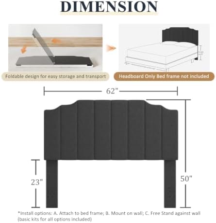 Befurtori Queen Size Headboard Only, Linen Wall Mount Headboard, Dark Gray