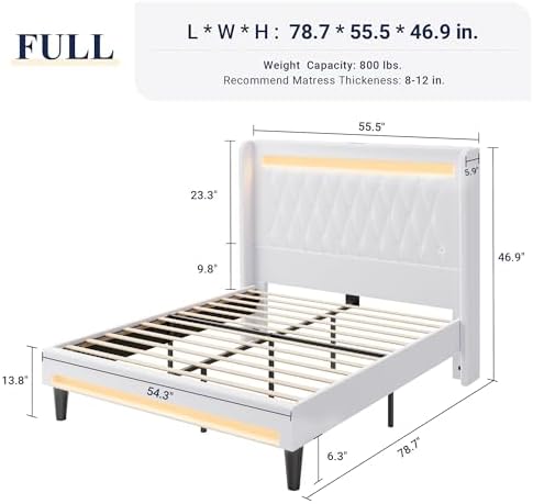 Allewie Full Size Upholstered Bed Frame with LED & Charging Station, White