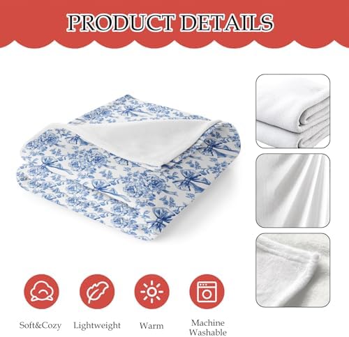Coquette Bow Floral Blanket, Blue and White Chinoiserie Flower Decorative Throw Blanket for Couch Bed Sofa, Grandmillennial Throw Blankets for Living Room Bedroom Decor, 50x60 Inches