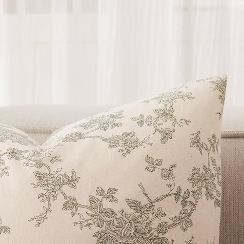 2 Pack French Floral Lumbar Pillow Covers 12x20in, Green/Cream